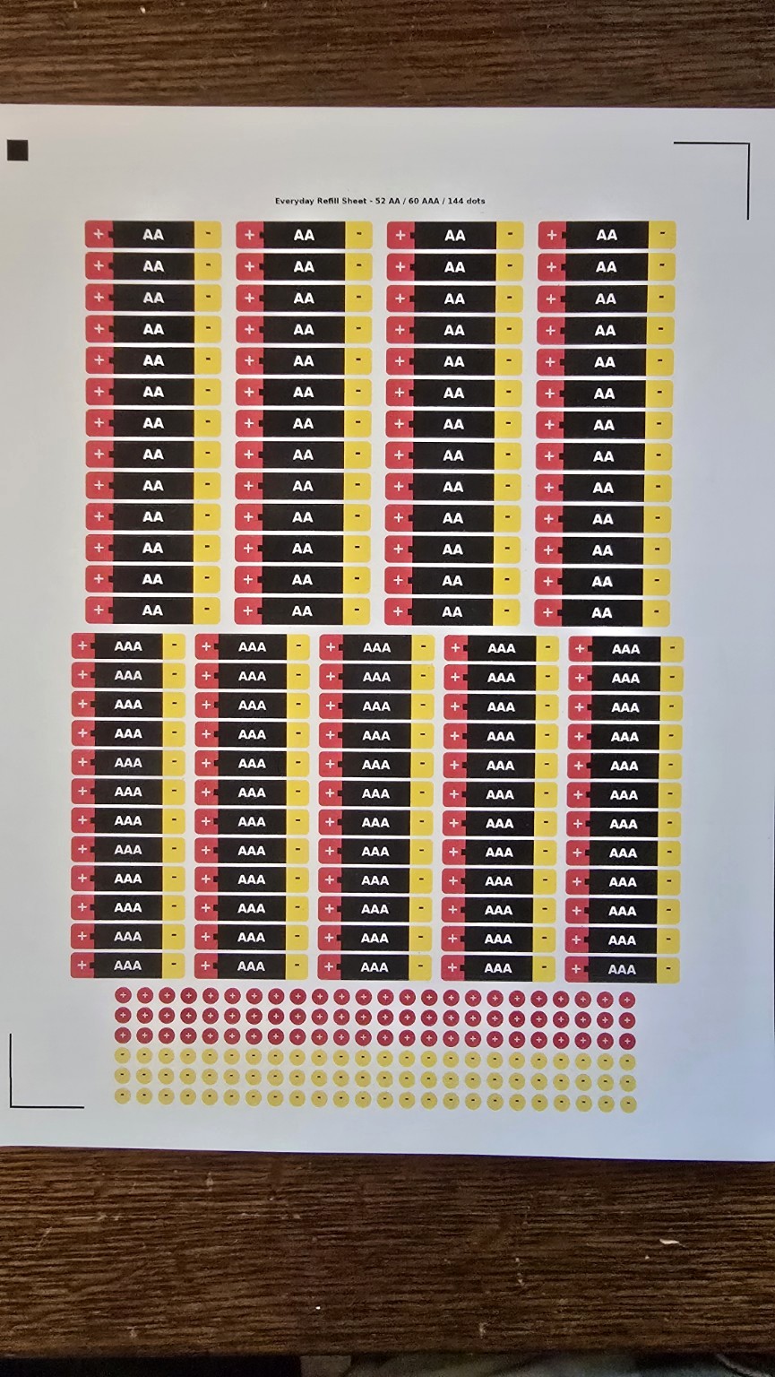 BatteryBright high-visibility battery direction label sheet with AA, AAA, C, D, arrow and dot labels