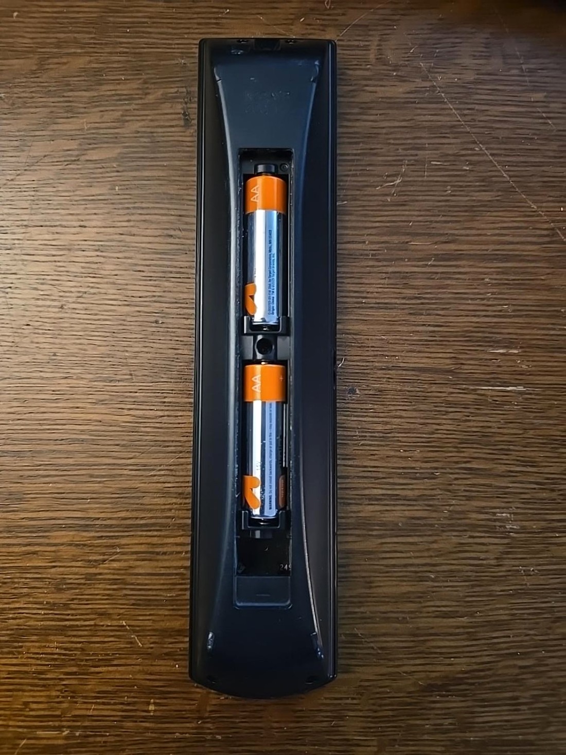 Remote with batteries installed after BatteryBright labels were added